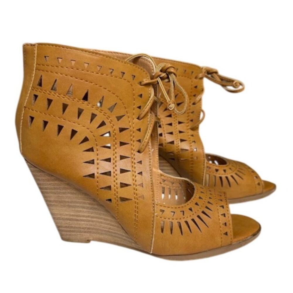Ccoccoi Celine Lace Up Wedge Sandals Tan Peep Toe Boho 4" Heel Faux Leather 7